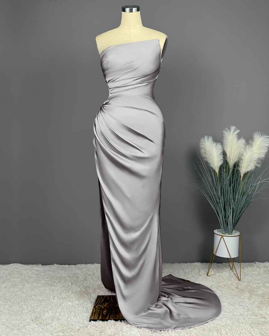 Simple Blue Sleeveless Charmeuse Prom Dress with High Slit and Pleats BM bride