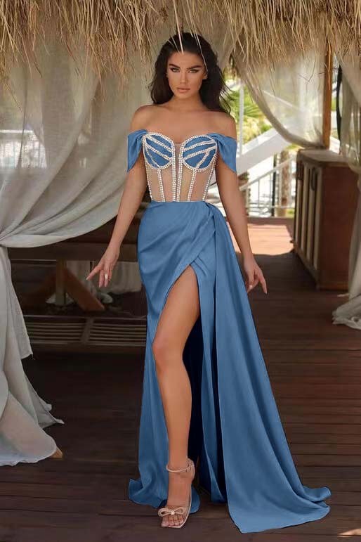 Champagne Ruffles Mermaid Prom Dress Beadings Split With Off the Shoulder