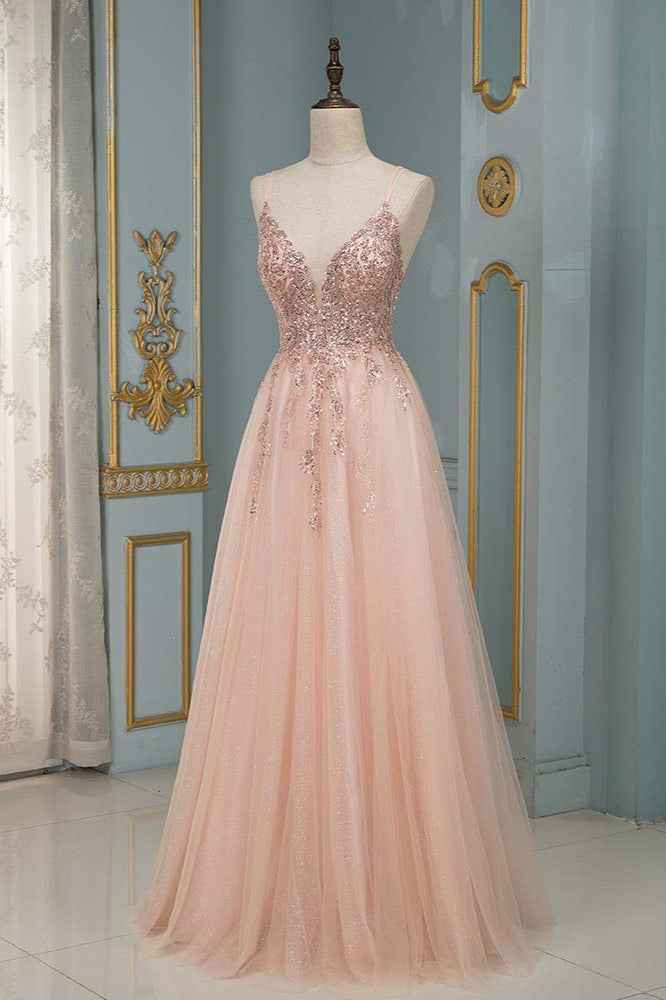 Spaghetti Strap V Neck Sleeveless Prom Dress With Beading Appliques