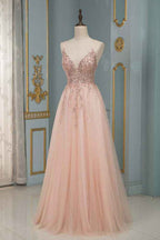 Spaghetti Strap V Neck Sleeveless Prom Dress With Beading Appliques