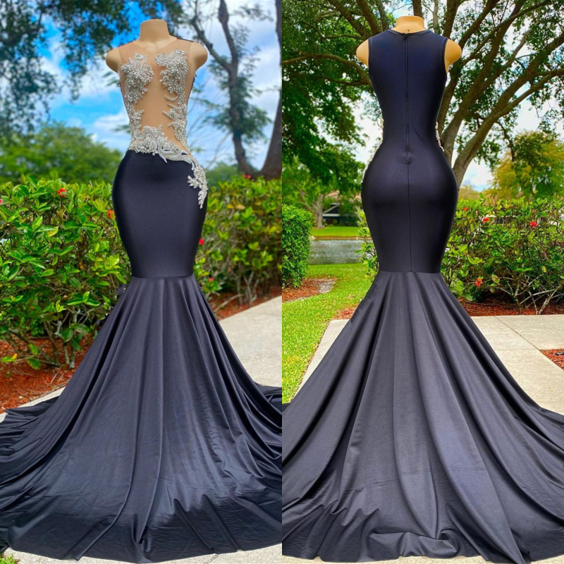 Classic Black Sleeveless Strapless Applique Mermaid Prom Dress BM bride