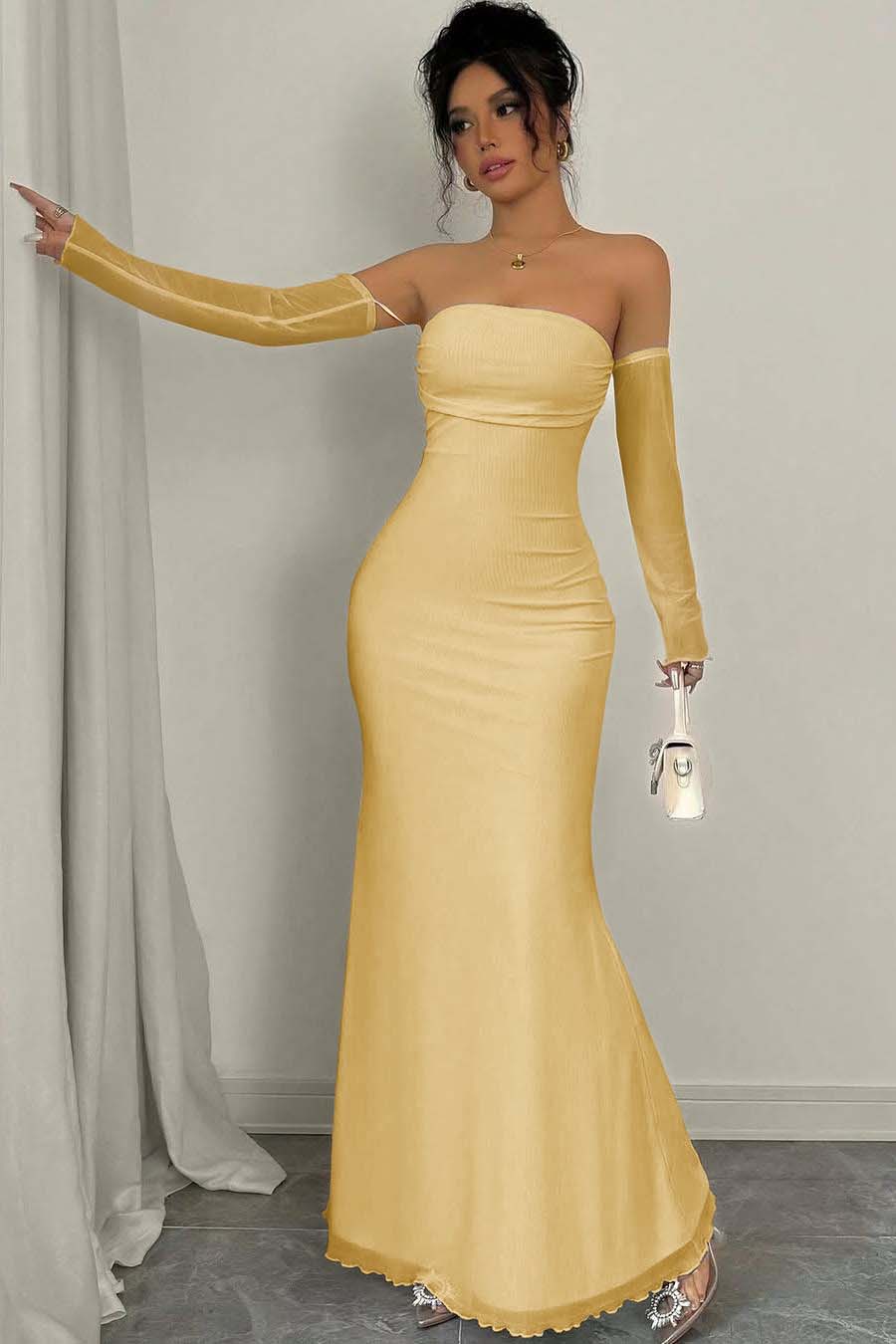 Strapless Long Mermaid Prom Dress With Detachable Sleeves Pleated BMBRIDE
