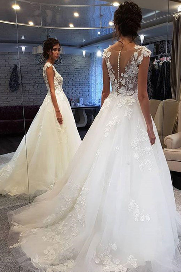 Graceful White Lace Long Wedding Dress with Appliques BM bride