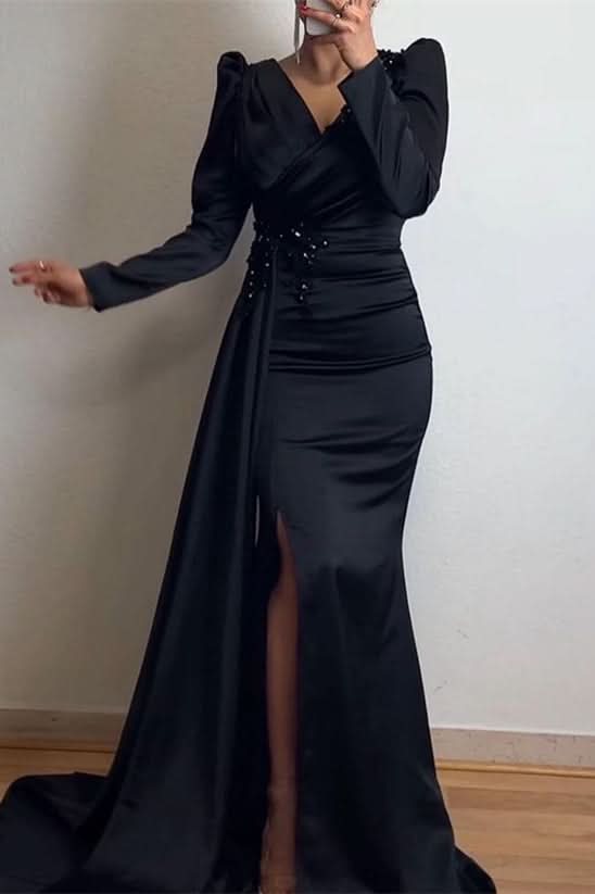 Long Sleeves Ruffle Mermaid Prom Dress with Beadings and Front Split BM bride