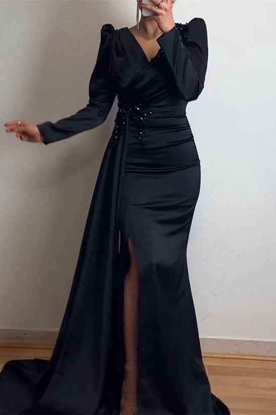 Ruffles Mermaid Beadings Long Sleeves Pleated Prom Dress With Front Split