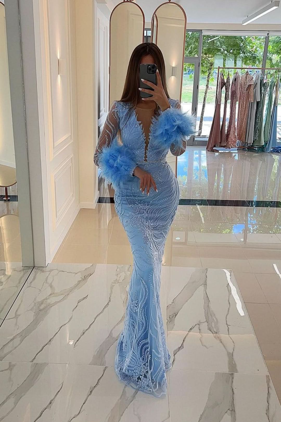 Baby Blue Prom Dress V-Neck Sequins with Feather Appliques BM bride