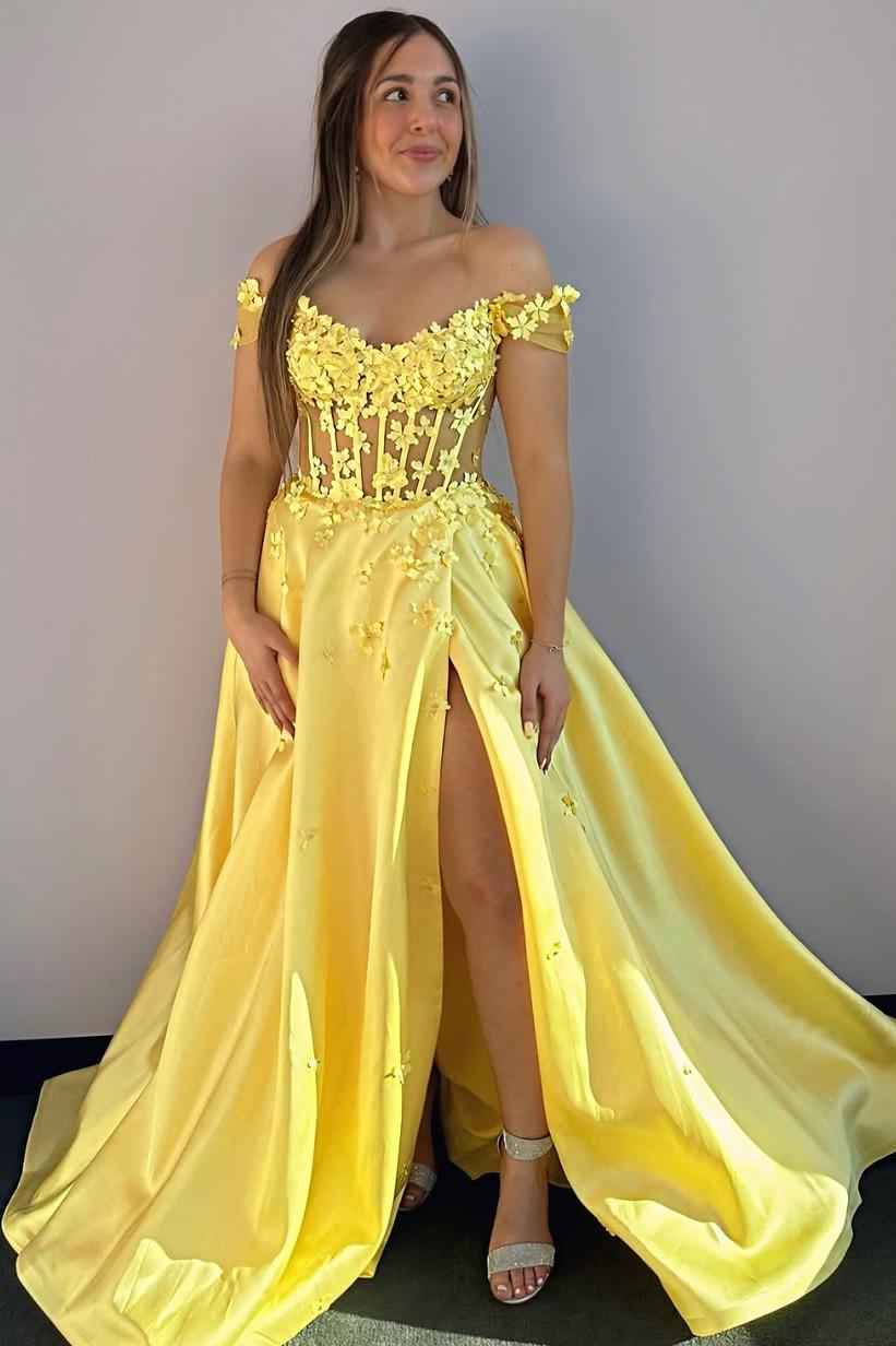 Off the Shoulder Sleeveless Long Split Prom Dress With Appliques