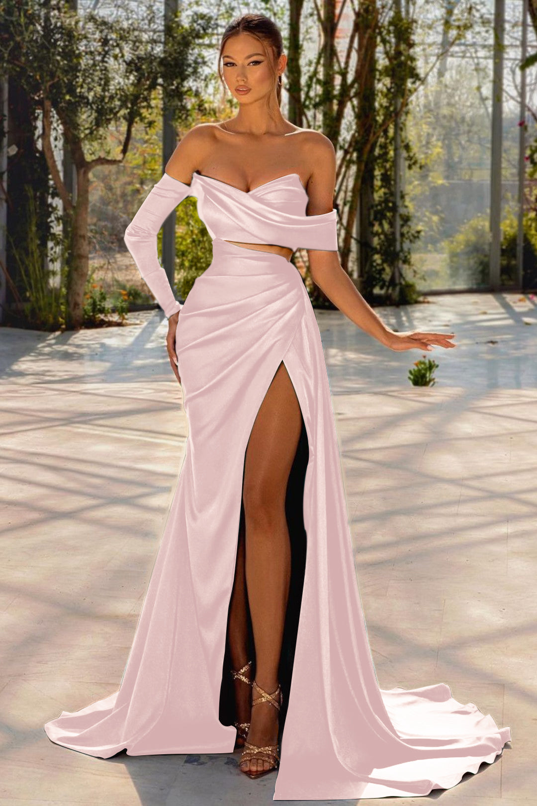 Long Off the Shoulder Prom Dress Dark Green One Sleeve Pleated BMBRIDE