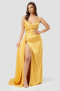 Yellow Long Sleeveless Prom Dress with Pleated High Slit Strapless BM bride