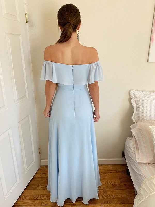 Sky Blue Off the Shoulder Sleeveless Beadings Prom Dress With Front Split