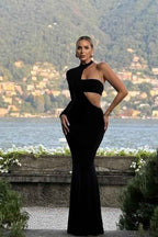 Black One Shoulder Halter Long Sleeve Mermaid Long Prom Dress