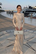 Chic Jewel Long Sleeves Mermaid Long Prom Dress With Pleated BMBRIDE