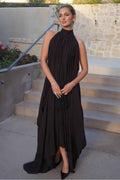 Black Halter Sleeveless Backless Long Prom Dress With Pleated