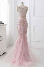 Pink Jewel Sleeveless Prom Dress Mermaid With Beading Rhinestone