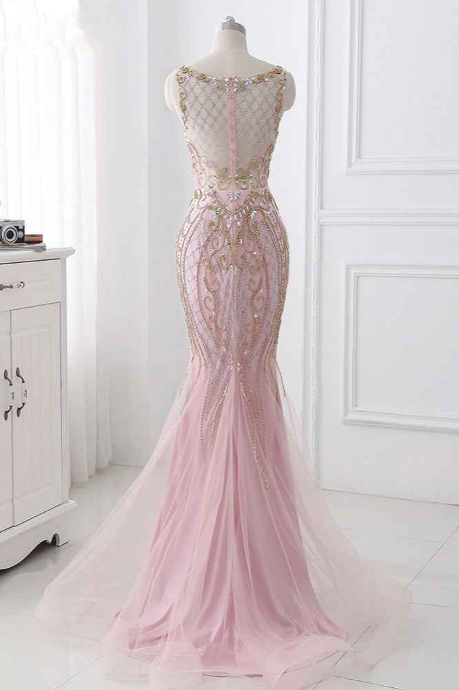 Pink Jewel Sleeveless Prom Dress Mermaid With Beading Rhinestone