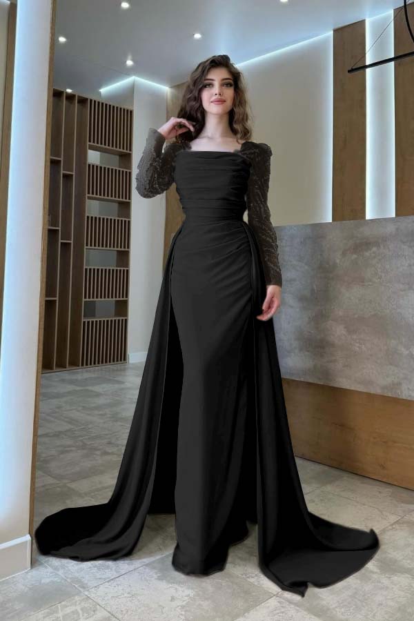 Long Sleeves Square Neck Long Mermaid Prom Dress With Pleated BMBRIDE