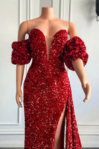 Bubble Sleeves Strapless Mermaid Prom Dress with Split BM bride