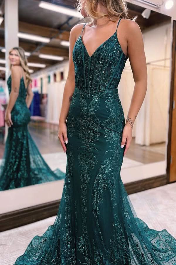 Sequins A-Line Evening Dress with Appliques, Tulle, and Spaghetti Straps BM bride