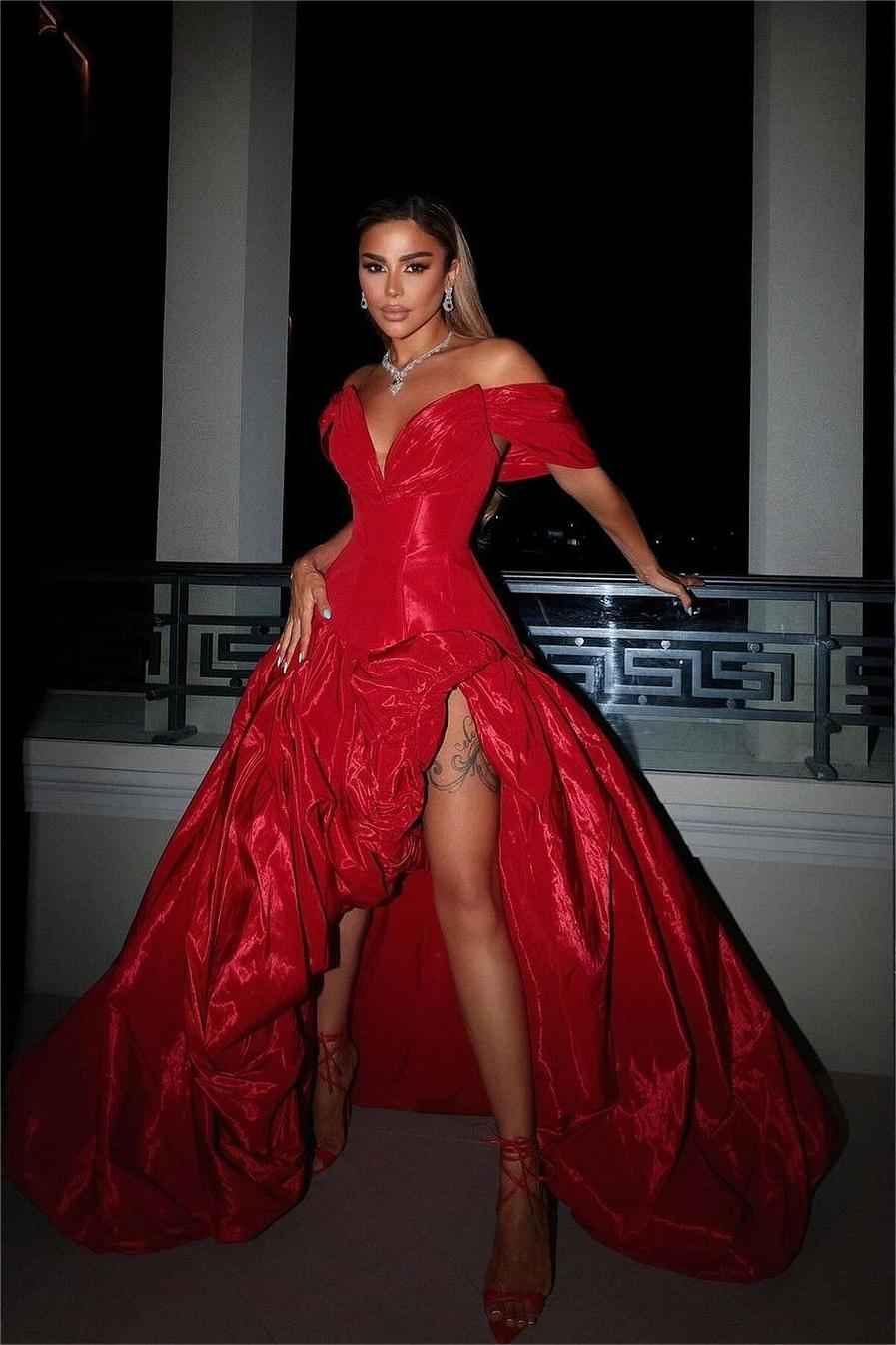 Chic Red Off the Shoulder V Neck A Line Long Split Prom Dress With Ruffles