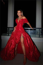 Chic Red Off the Shoulder V Neck A Line Long Split Prom Dress With Ruffles