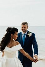 White V-Neck Off-the-Shoulder Ball Gown Wedding Dress with Lace BM bride