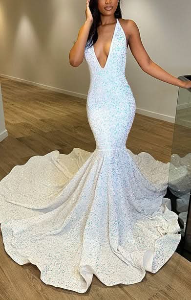 Fantasy White Sleeveless V Neck Halter Evening Dress with Sequins BM bride