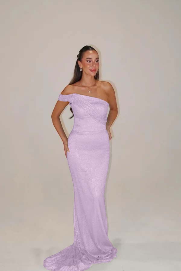 Sequins One Shoulder Sleeveless Long Mermaid Prom Dress With Pleated BMBRIDE