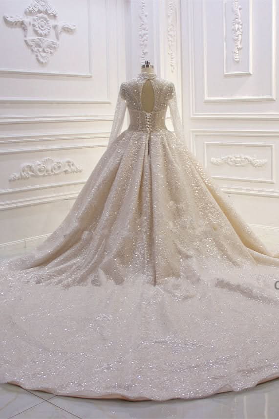 High Neck Long Sleeve Satin Ball Gown Wedding Dress with Sequins BM bride