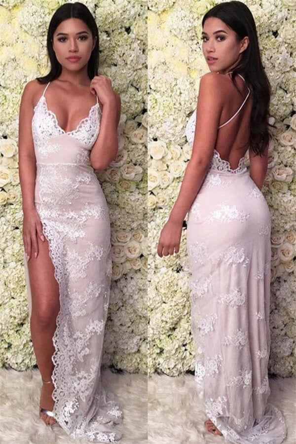 Spaghetti Strap Backless Deep V Neck Prom Dress Split With Lace