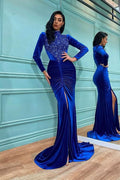 Long Sleeves Royal Blue Mermaid Prom Dress BM bride