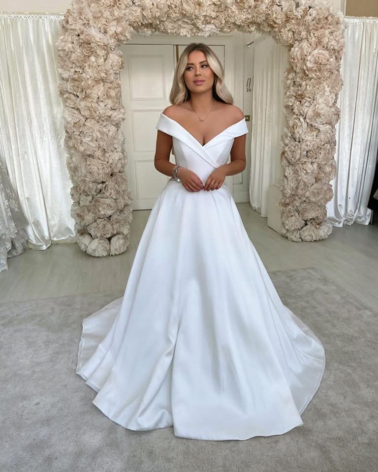 A-Line Off-the-Shoulder Satin Long Wedding Dress BM bride