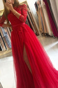Long Sleeve A-Line Prom Dress with Lace and Split BM bride
