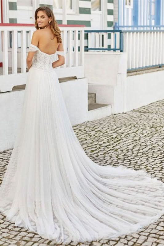 Off-the-Shoulder Lace Wedding Dress with Split BM bride