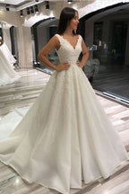 A-Line V-Neck Sleeveless Long Wedding Dress with Lace BM bride