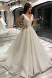 A-Line V-Neck Sleeveless Long Wedding Dress with Lace BM bride