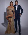 Champagne Glitter Sequin Side Slit Off Shoulder Mermaid Prom Gown BM bride