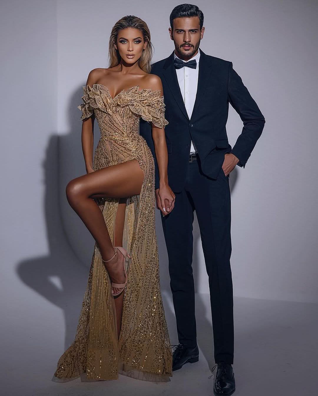 Champagne Glitter Sequin Side Slit Off Shoulder Mermaid Prom Gown BM bride