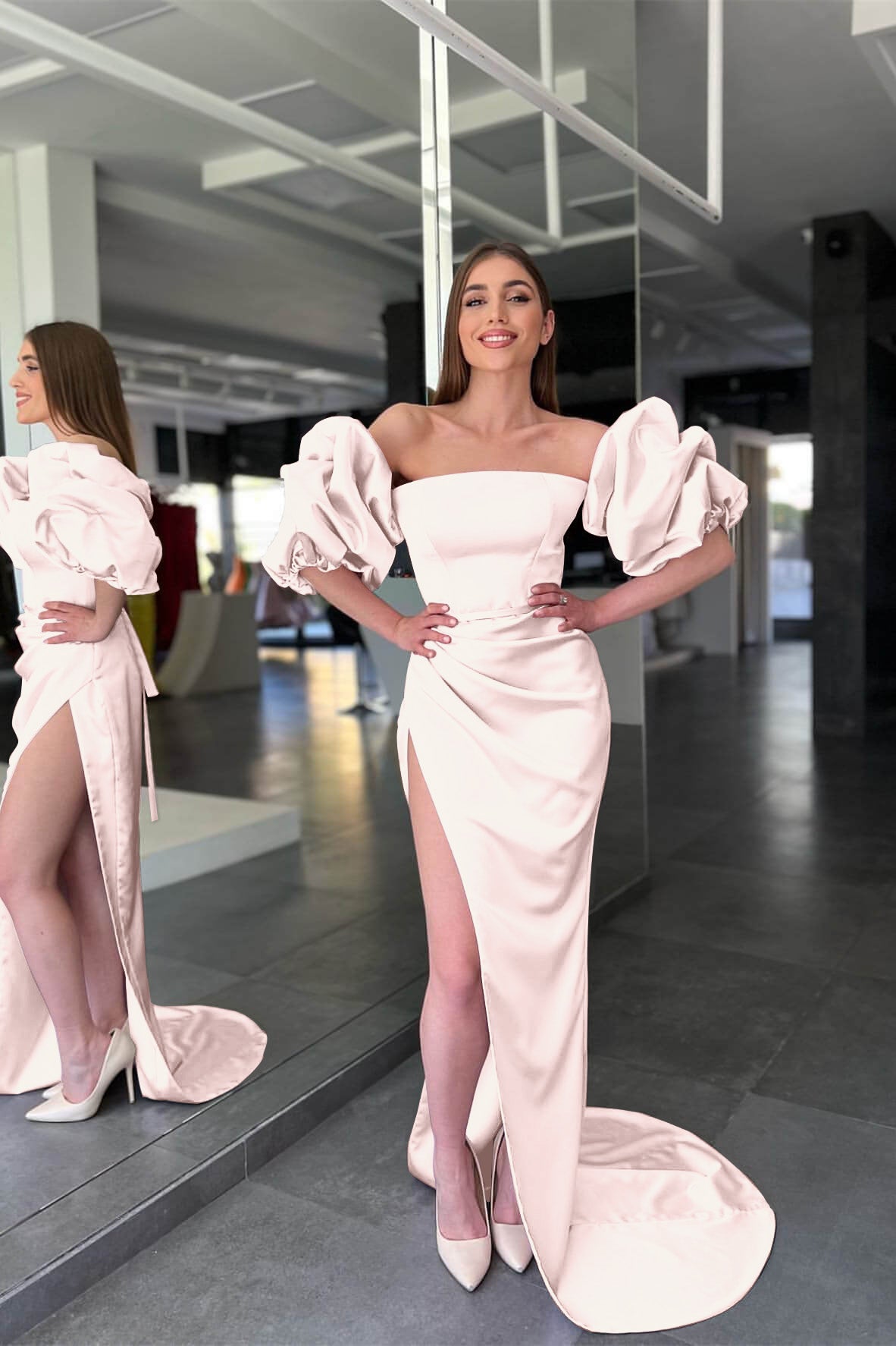Pink Strapless Mermaid Prom Dress with Long Split and Detachable Sleeves BM bride