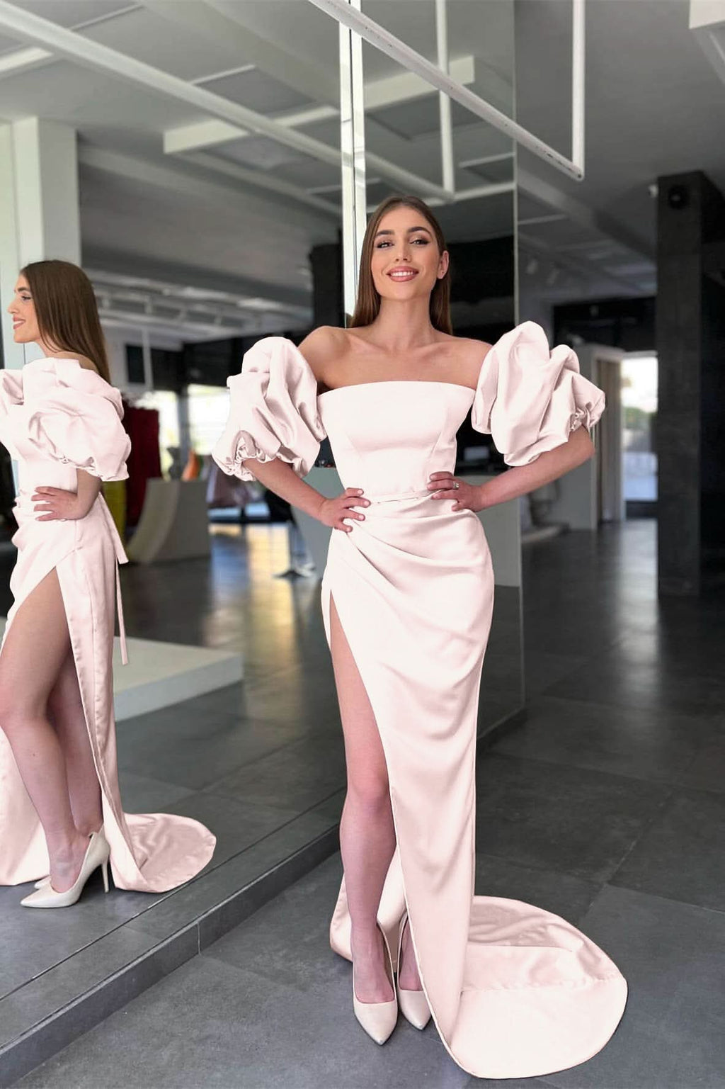 Pink Strapless Mermaid Prom Dress with Long Split and Detachable Sleeves BM bride