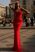 Sexy Red Charmeuse Sleeveless Pleated Mermaid Prom Dress BM bride
