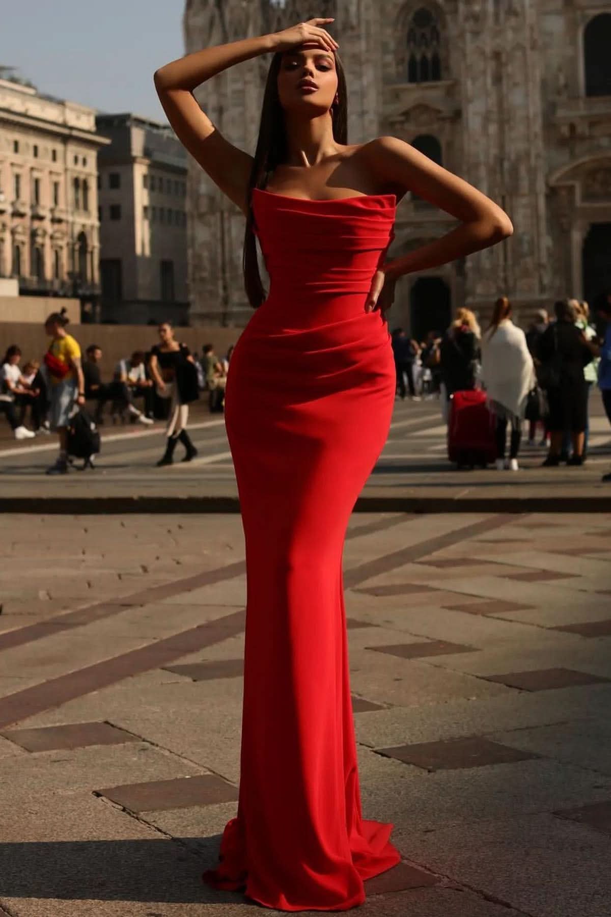 Sexy Red Charmeuse Sleeveless Pleated Mermaid Prom Dress BM bride