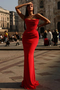 Sexy Strapless Prom Dress Red Sleeveless Pleated With Mermaid