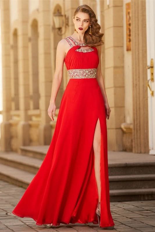 Red Halter Prom Dress with Split and Crystals BM bride