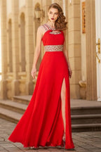 Red Halter Prom Dress with Split and Crystals BM bride