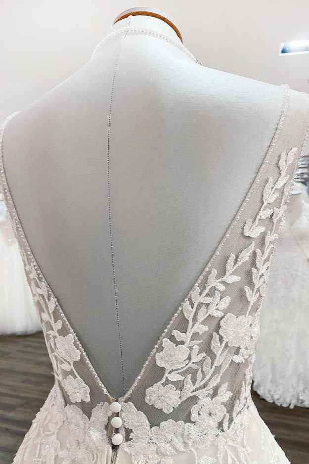 Elegant V-Neck Long A-Line Wedding Dress with Open Back and Tulle Lace BM bride
