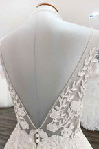 Elegant V-Neck Long A-Line Wedding Dress with Open Back and Tulle Lace BM bride