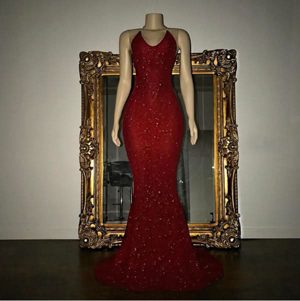 Elegant Halter V-Neck Mermaid Evening Dress with Sequins BM bride