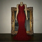 Elegant Halter V-Neck Mermaid Evening Dress with Sequins BM bride