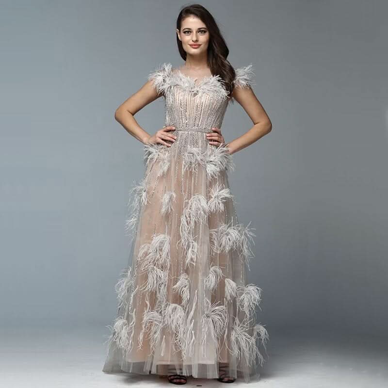 Feather Sequins Applique Prom Dress, A-Line Tulle BM bride
