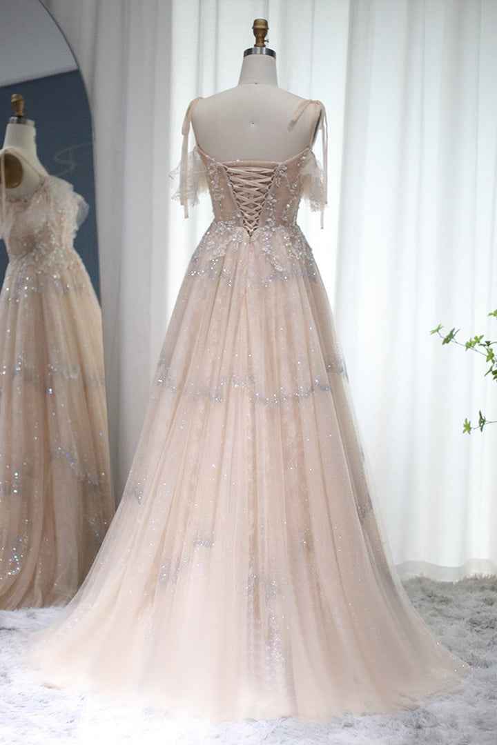 A Line Spaghetti Strap Prom Dress Tulle With Diamond Appliques